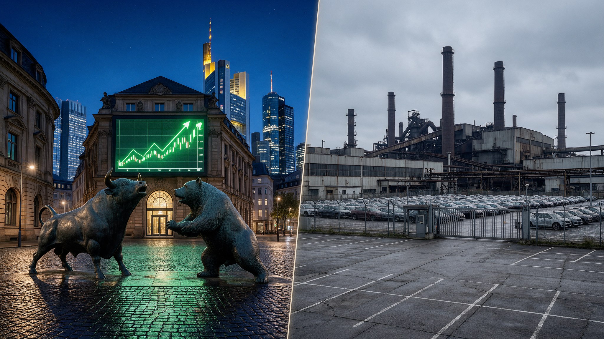Bronze bull and bear statues outside a historic Frankfurt exchange building at dusk, with a green rising chart on a large screen, beside an idle steelworks and a fenced factory car park on a grey day